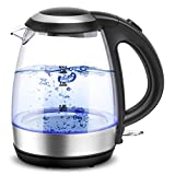Cocoda Bouilloire Electriques 1.2L, 1500W Bouilloire Électrique Sans Fil en Verre à Chauffage Rapide, Éclairage LED, Sans BPA, Auto-Arrêt & Protection Anti-Ébullition à Sec, Filtre en Acier Inoxydable