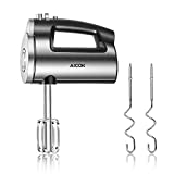 Batteur Électrique de Cuisine avec 2 Fouets et 2 Crochets à Pâte, 6 Vitesses et Fonction Turbo, 300 W Batteur en Acier Inoxydable avec Bouton d'Éjection pour Œufs, Crème et Divers Confitures, AICOK