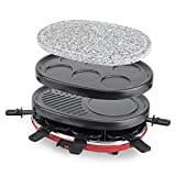 H.Koenig Appareil à Raclette 4en1 Multifonctions 8 personnes Professionnel RP418, Pierre naturelle, 6 mini crêpes pancakes, Grill, Raclette fromage fondue, Température réglable, 8 poêlons antiadhésifs